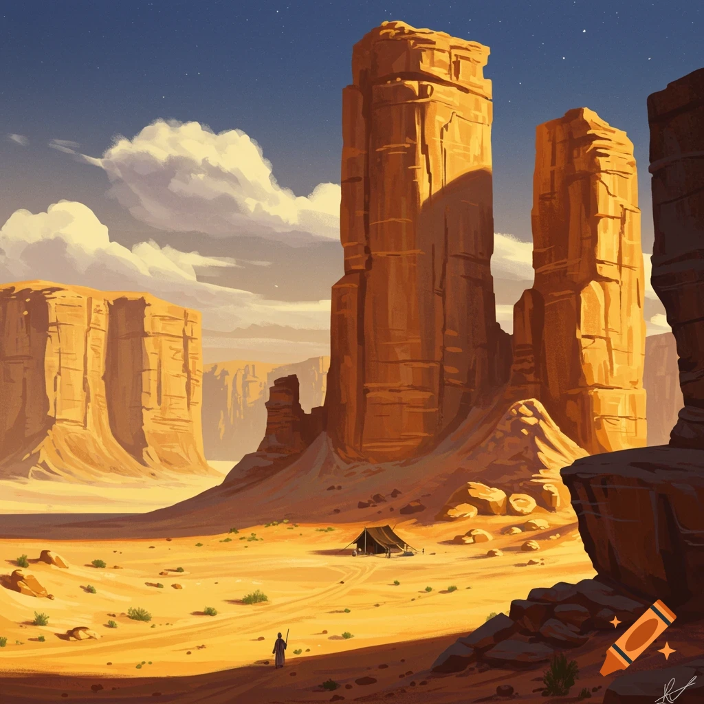 An illustration of a person walking towards a tent in a vast desert landscape with tall, weathered rock formations under a starry sky.