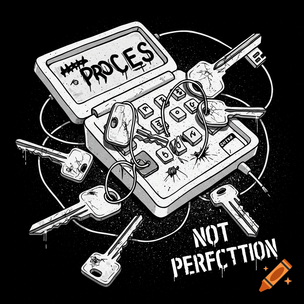 Grunge-style black and white t-shirt design with smashed keyboard keys spelling 'PROCESS' and the phrase 'NOT PERFECTION'