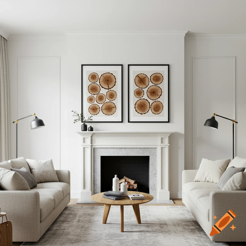 A living room with two beige sofas, fireplace, coffee table, and two framed art pieces depicting log slices. Photorealistic.
