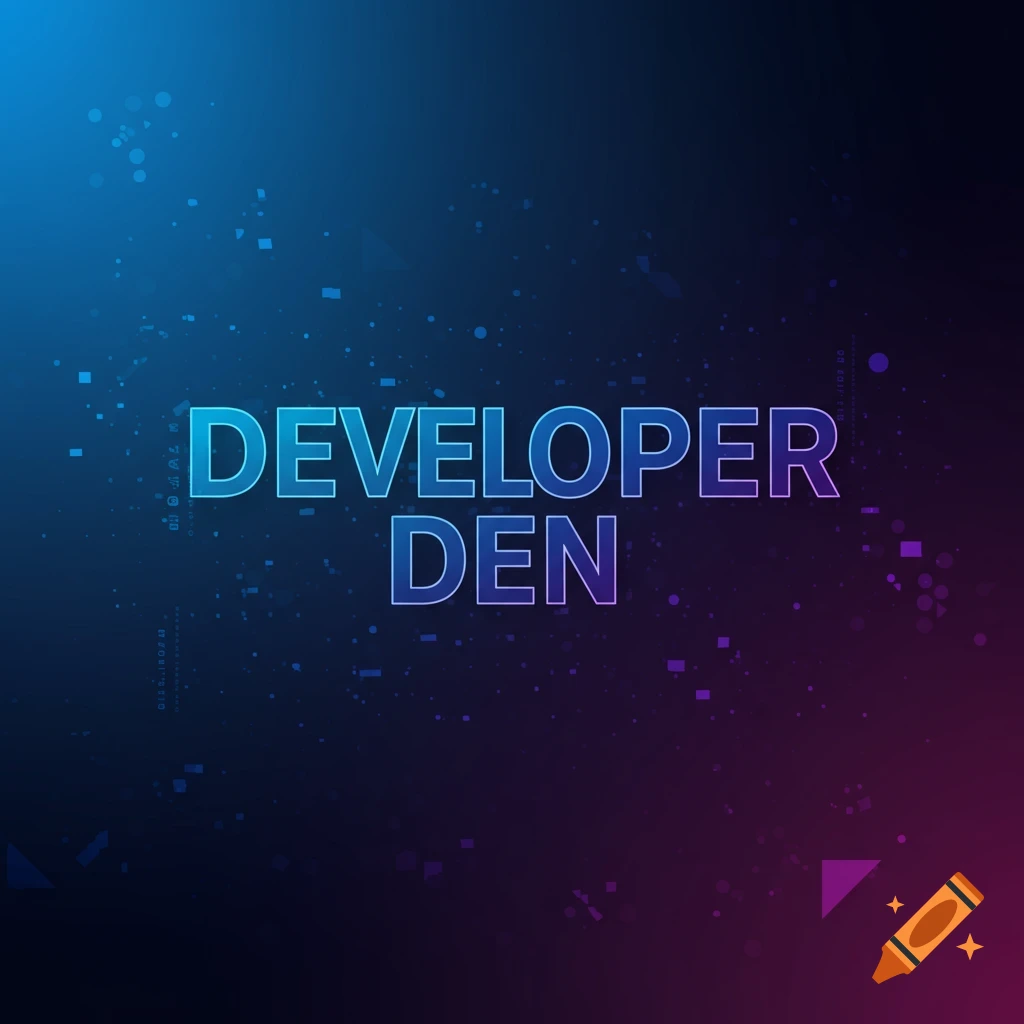 The words DEVELOPER DEN on an abstract blue and purple background with speckles.