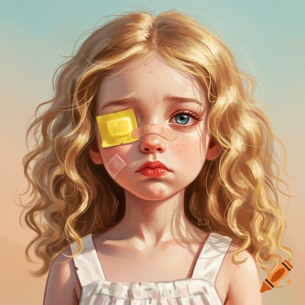 Sad girl with eye band-aid