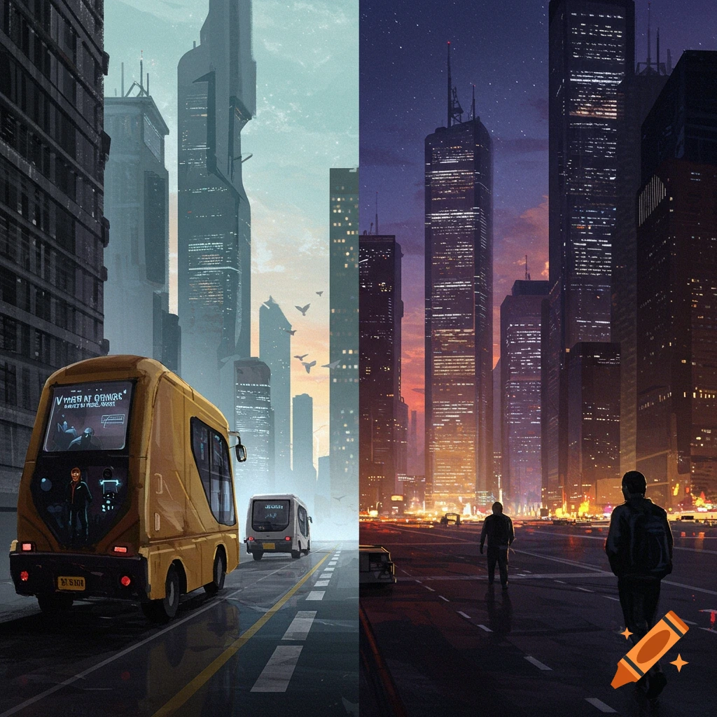 Split image of futuristic city: daytime with buses on the left, nighttime with pedestrians on the right.