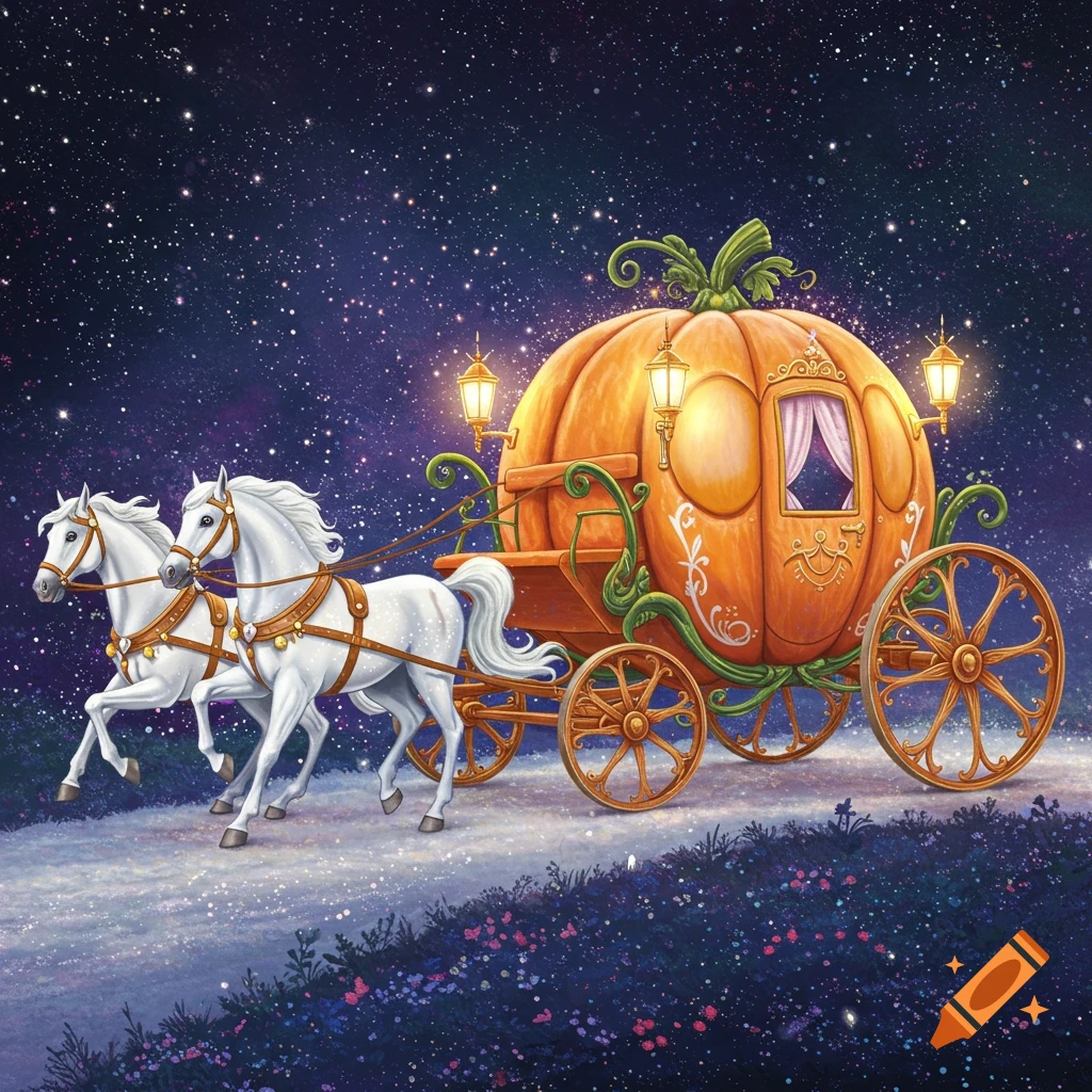 A fairytale illustration of a pumpkin carriage pulled by two white horses under a starry night sky.