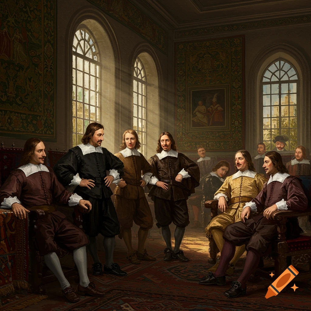 A group of men in 17th-century attire gathered in a room, painted in a classical style.