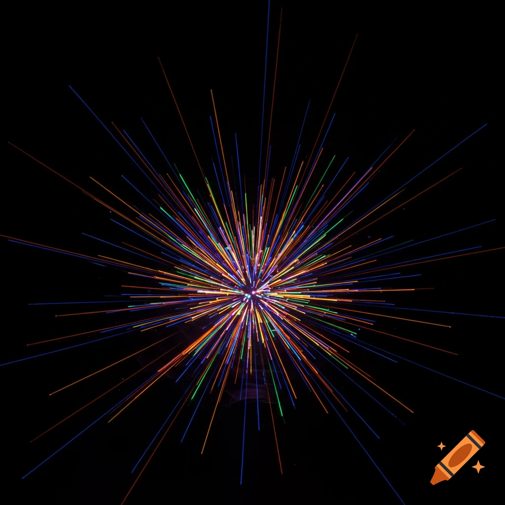 A central burst of colorful light rays radiating outwards against a black background.