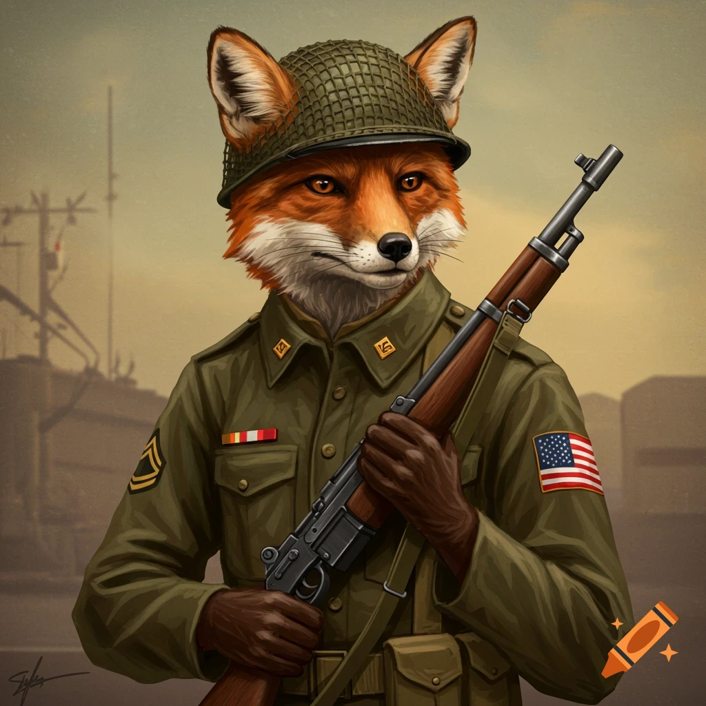 An illustrated portrait of an anthropomorphic fox wearing a US military uniform and helmet, holding a rifle.