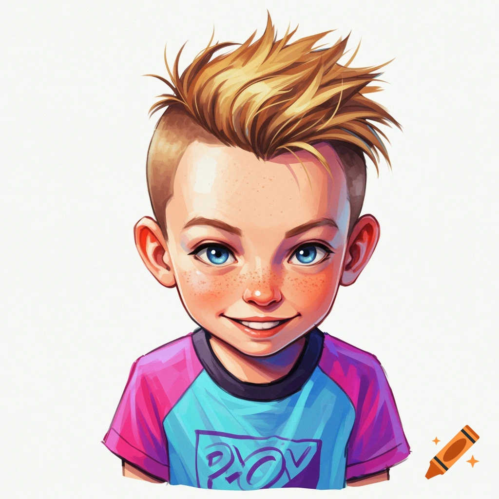 Cartoon portrait of a smiling boy with spiky blonde hair and a partial haircut, wearing a colorful shirt.