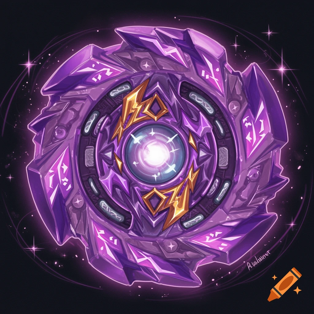 A purple and gold Beyblade top with glowing magical energy and starry effects on a dark background.