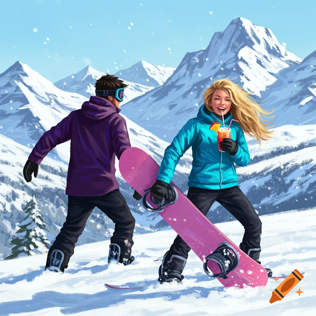 Two people snowboarding in snowy mountains, one holding a drink.