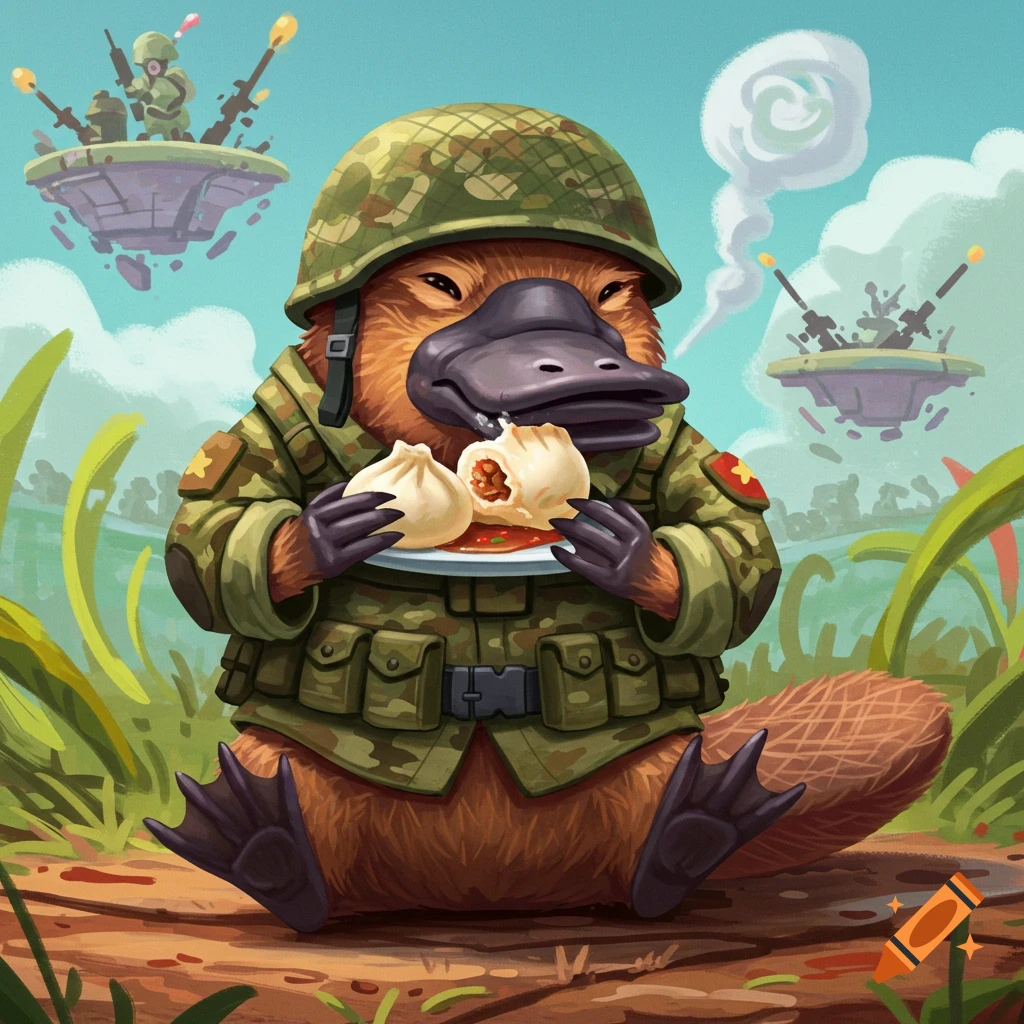 Cartoon illustration of a platypus in military uniform eating dumplings. Floating islands with soldiers are in the background.