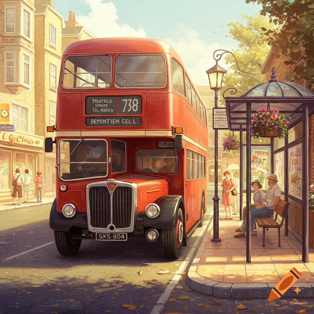 An illustration of a red double-decker bus on a street with people at a bus stop.