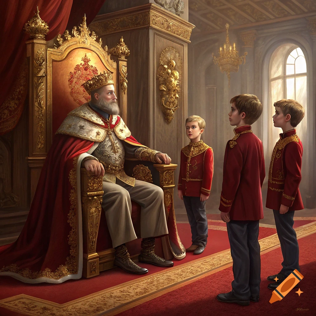 A king sits on a golden throne, talking to three young boys standing before him in a regal throne room.