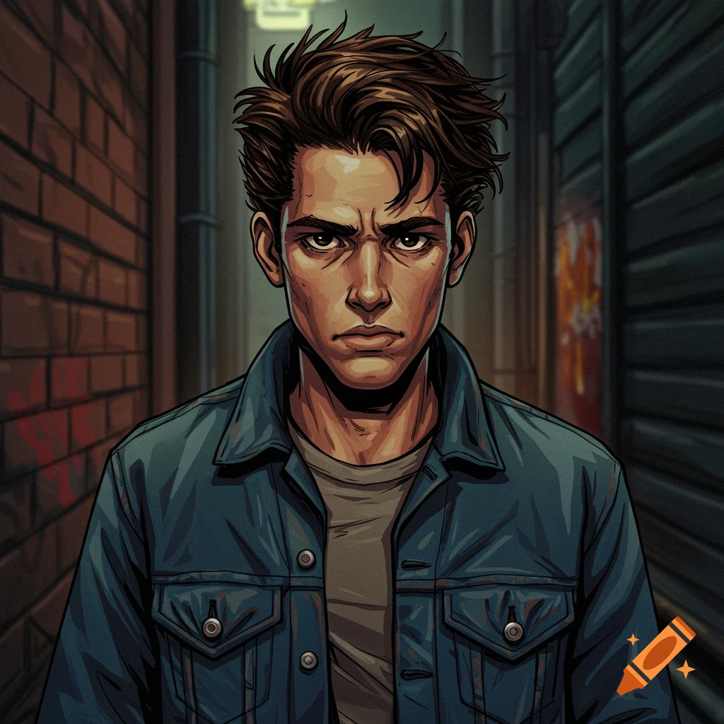 Comic book style portrait of a suspicious young man in a denim jacket standing in an alleyway.