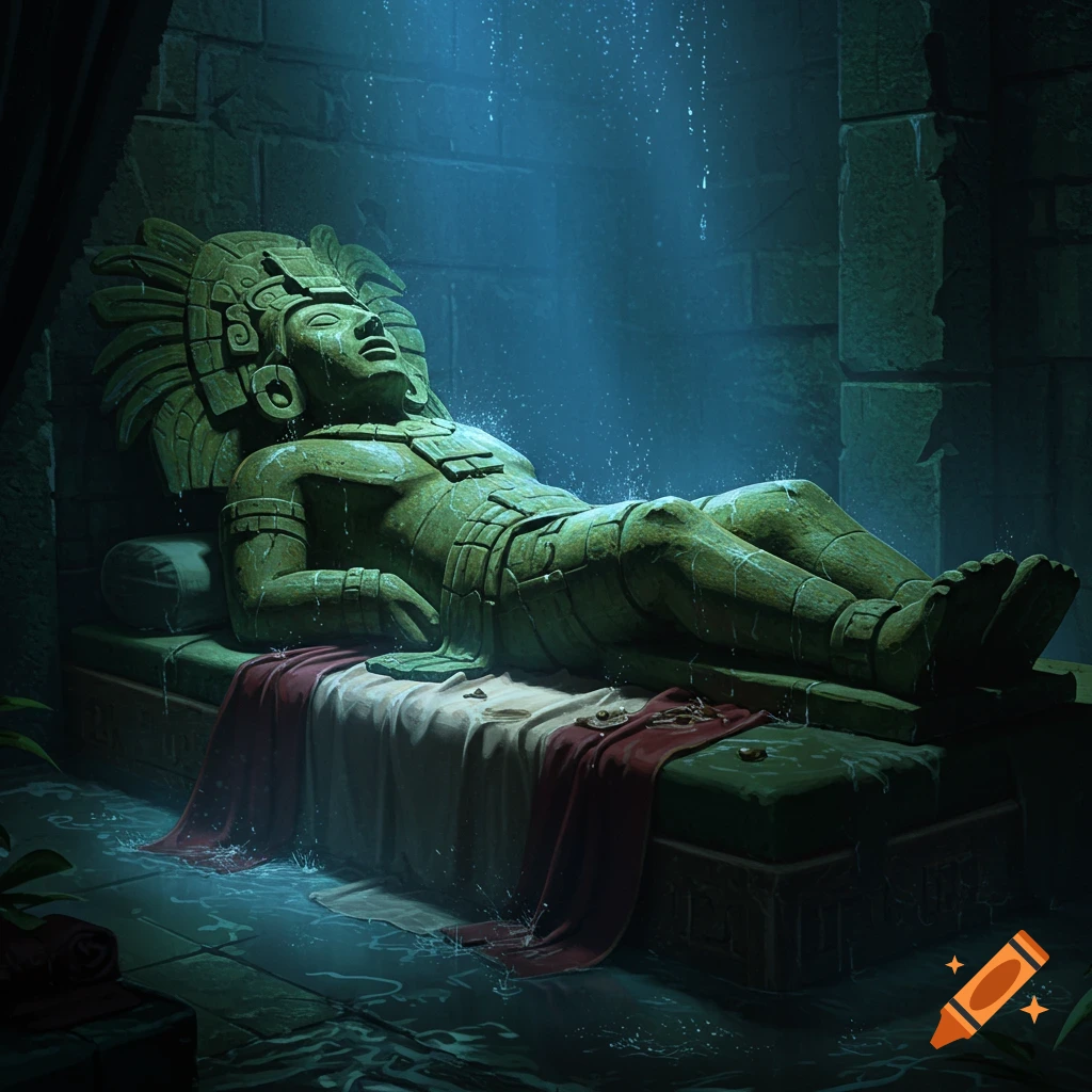 Statue of the Mayan god Chac Mool laying on a wet bed