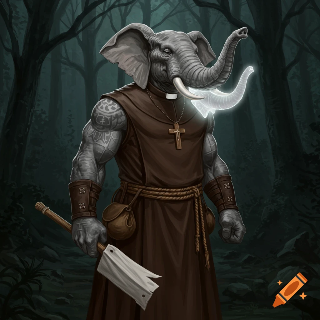 Loxodon in priest attire with ethereal trunk in dark woods