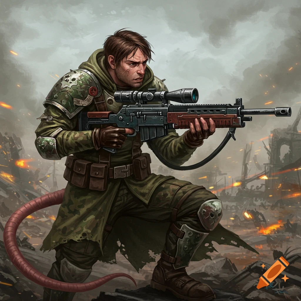 A Warhammer 40k Ratling sniper in camouflage armor holding a rifle in a destroyed city battlefield, digital illustration.