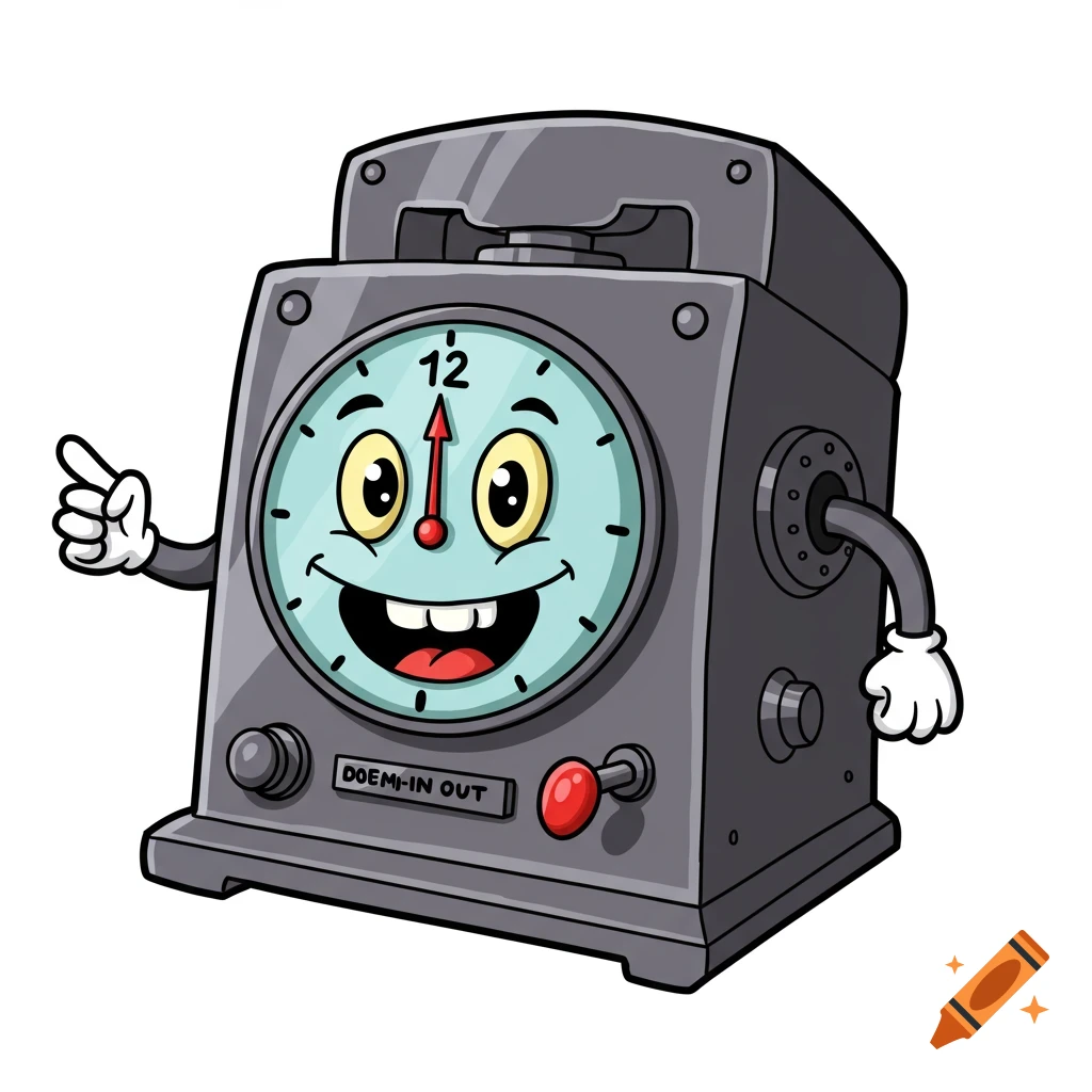 Cartoon anthropomorphic punch clock with face and arms