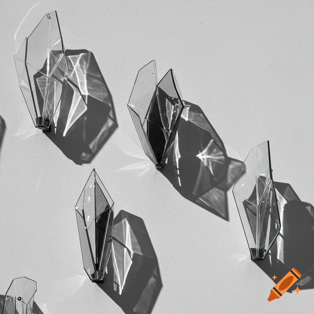 Glass installations casting geometric shadows on a white wall in sunlight.