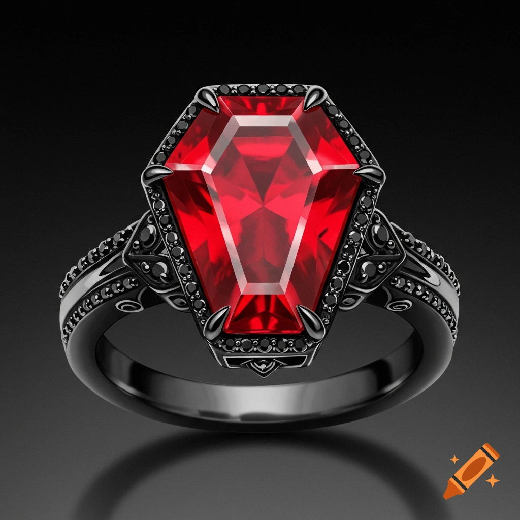 Coffin-shaped red engagement ring with black gold band and black accents