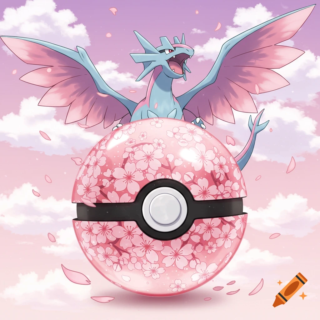 Anime illustration of Salamence behind a cherry blossom covered Pokeball