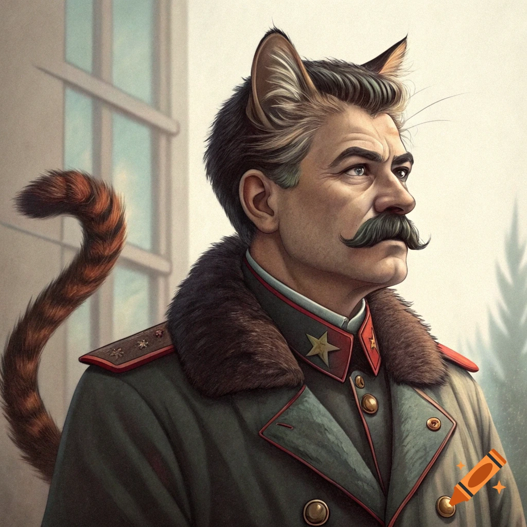 Portrait of Joseph Stalin with cat ears and tail in military uniform
