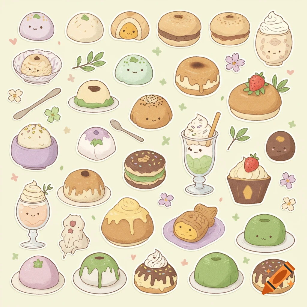 Sticker sheet of Japanese desserts