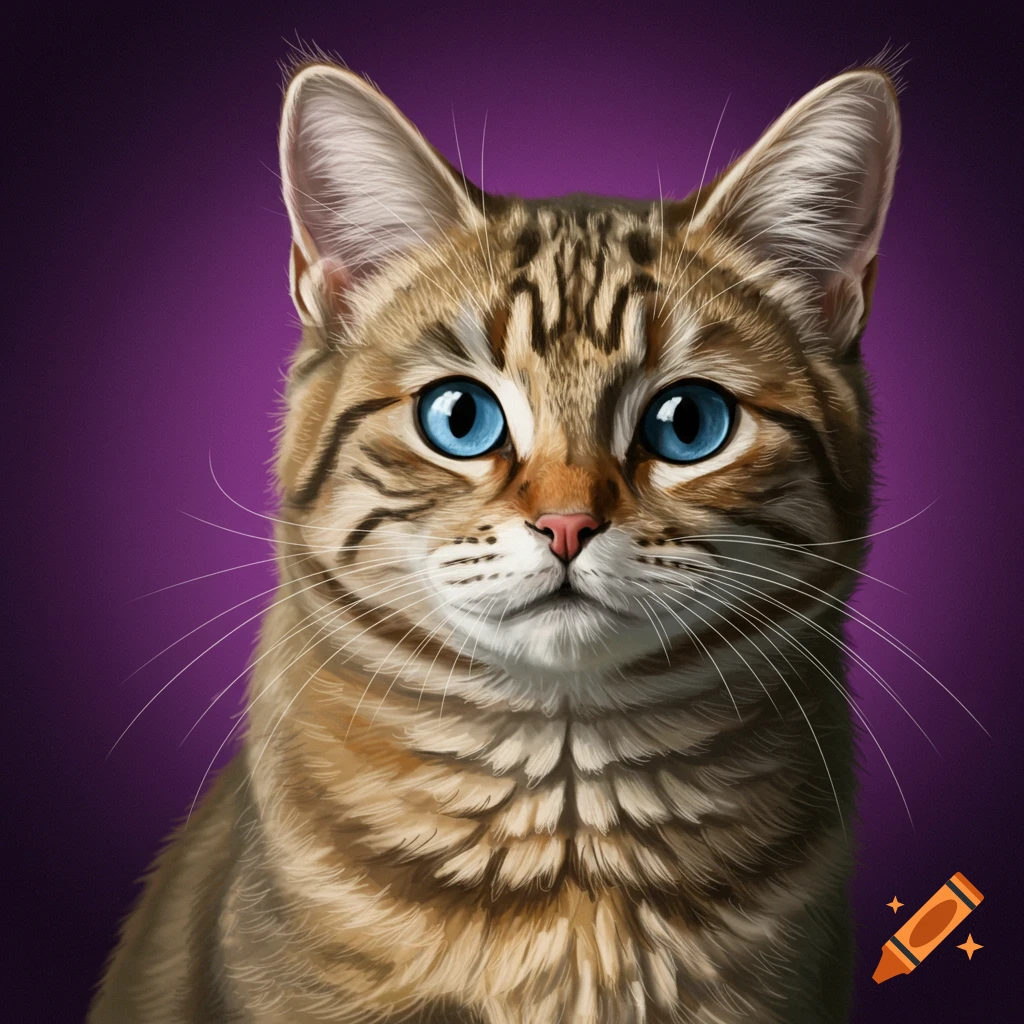 A close-up portrait of a brown tabby cat with bright blue eyes against a purple background.