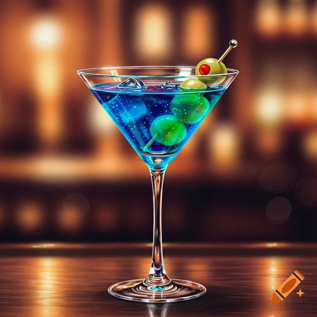 A close-up shot of a blue cocktail with olives and ice in a martini glass on a bar counter.