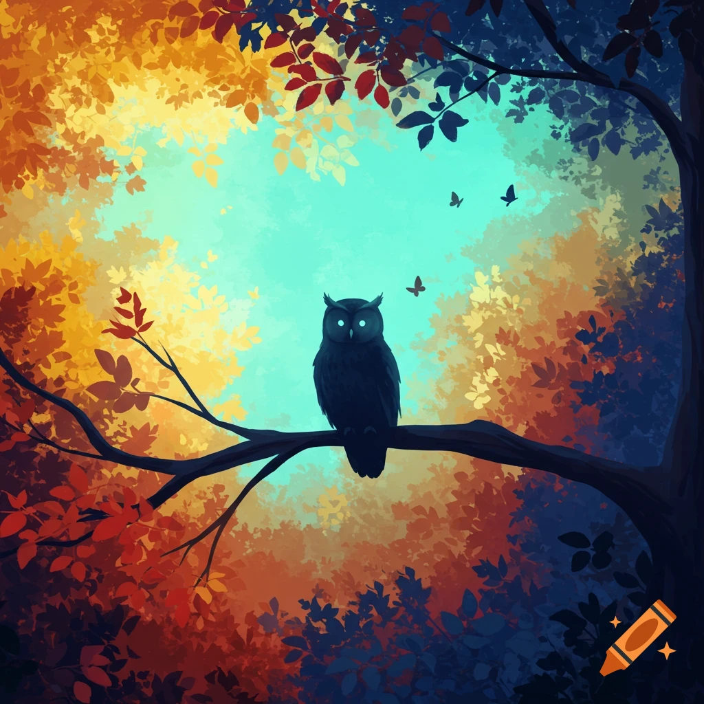 A black owl silhouette perches on a branch surrounded by vibrant red, yellow, and blue leaves against a bright turquoise sky with butterflies in a dreamy, stylized forest.