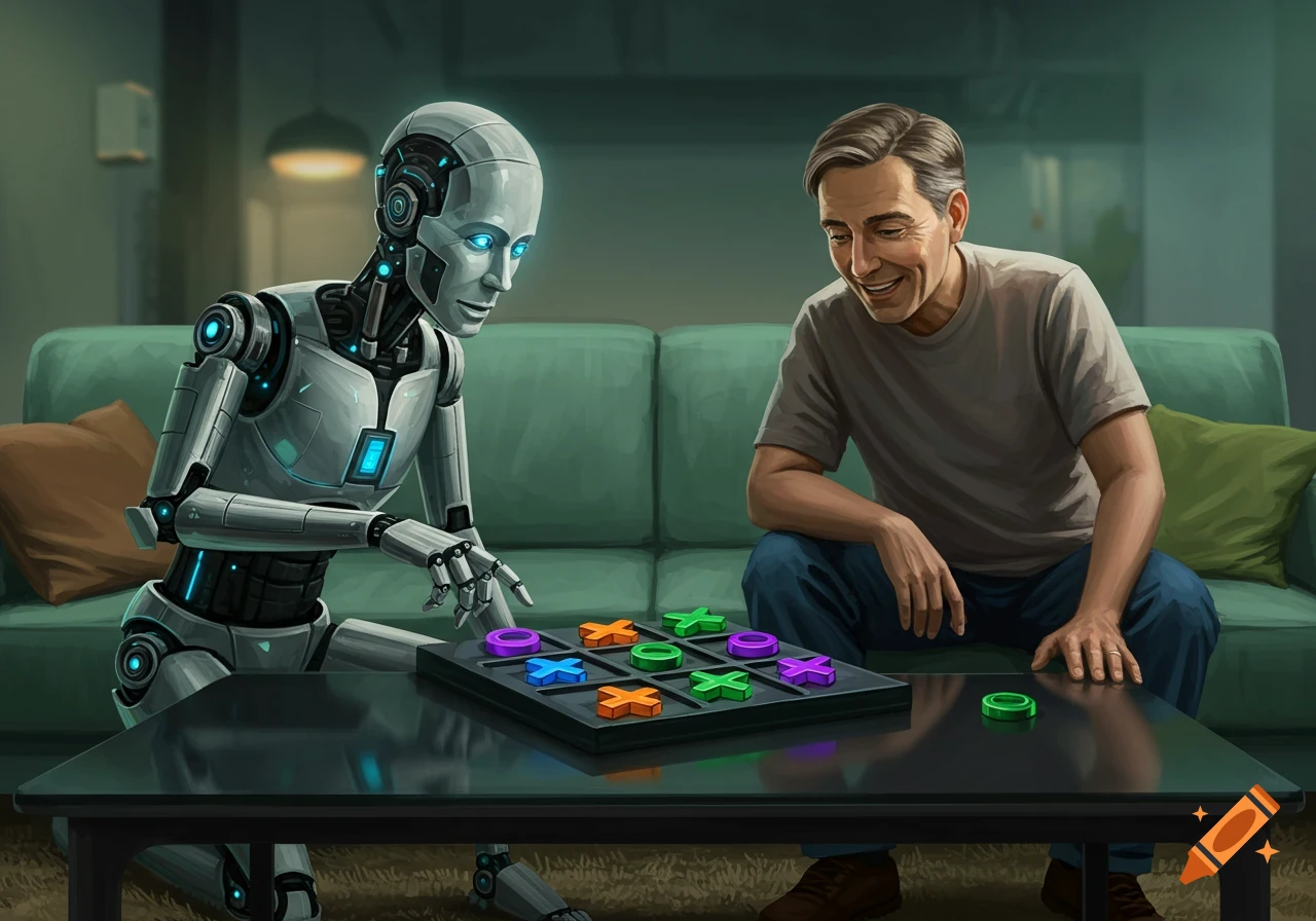 A robot and a man play tic-tac-toe.
