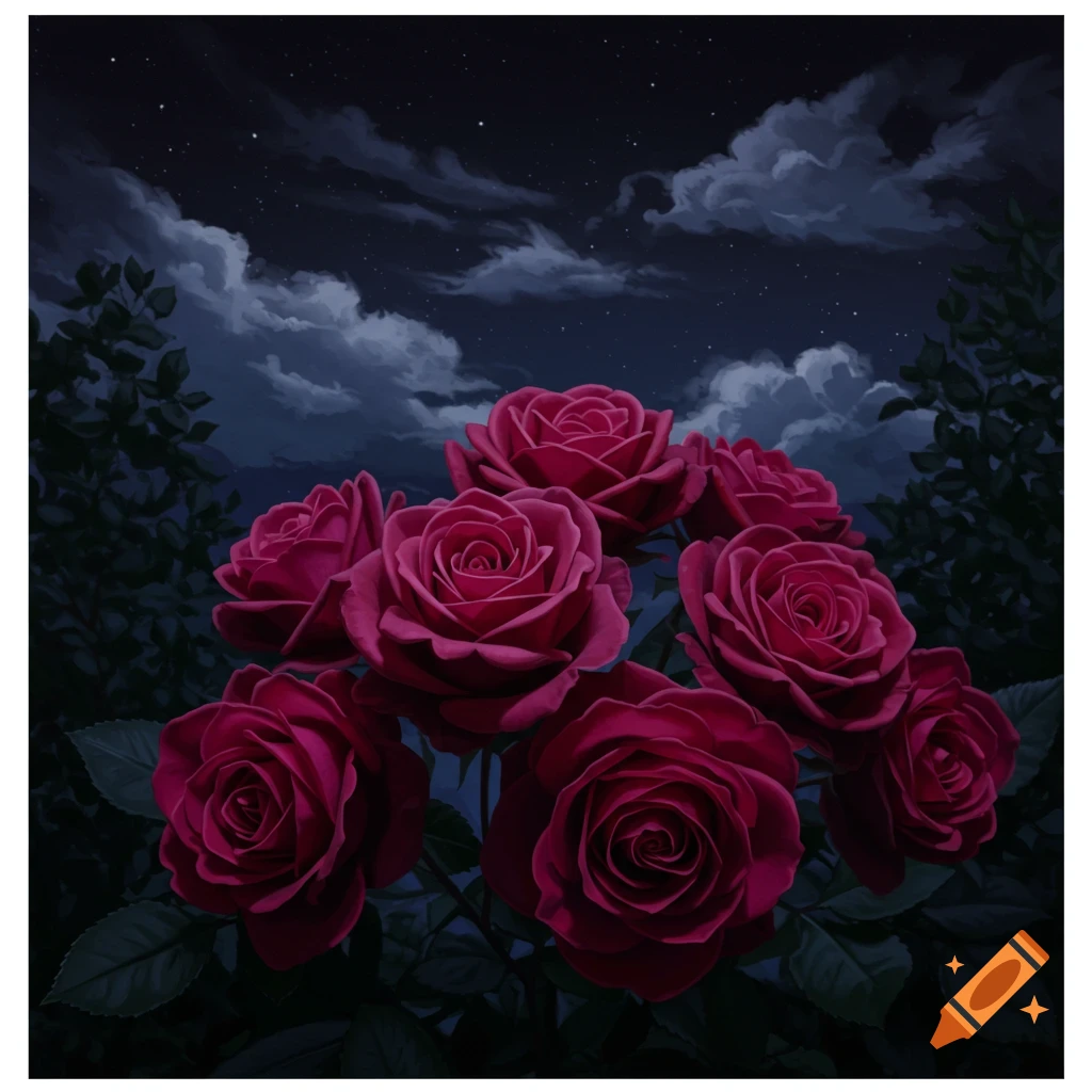 Deep red roses under a dark, starry night sky with clouds.