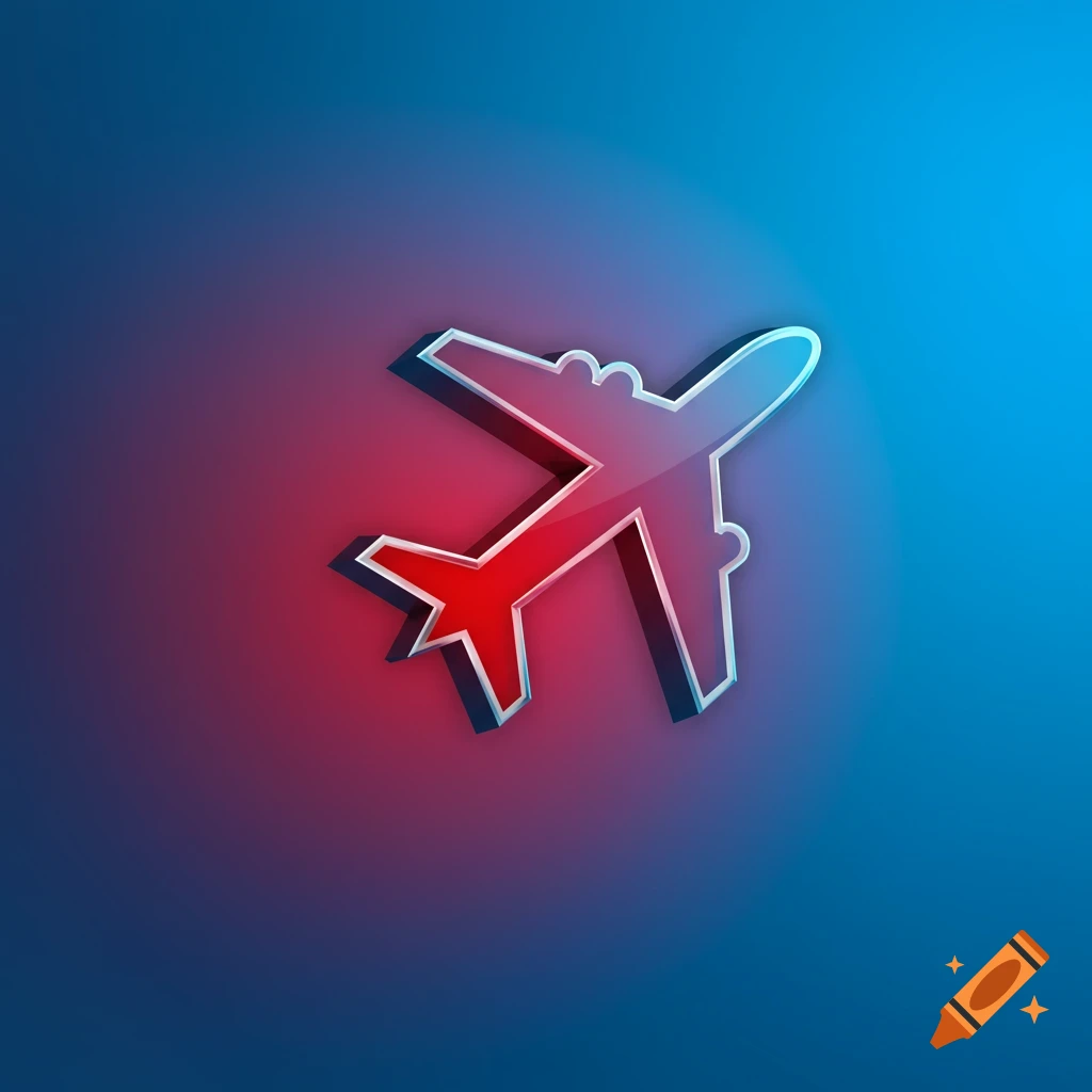 Stylized airplane logo on a red and blue background