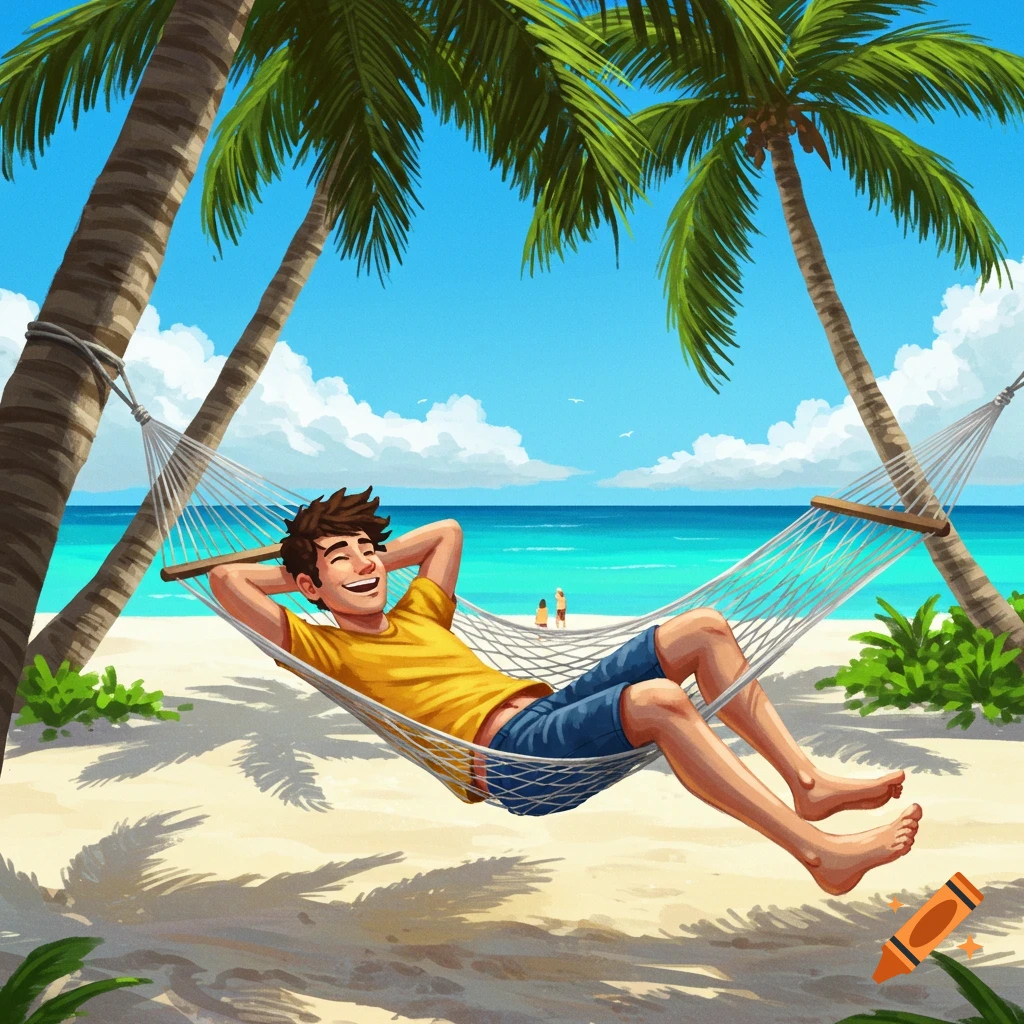 Cartoon man relaxing in a hammock on a tropical beach.