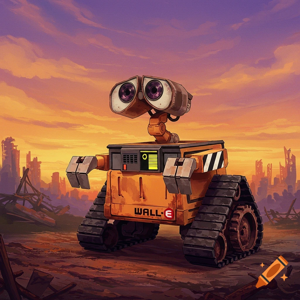 The robot WALL-E stands in a ruined cityscape at sunset in a painted style.