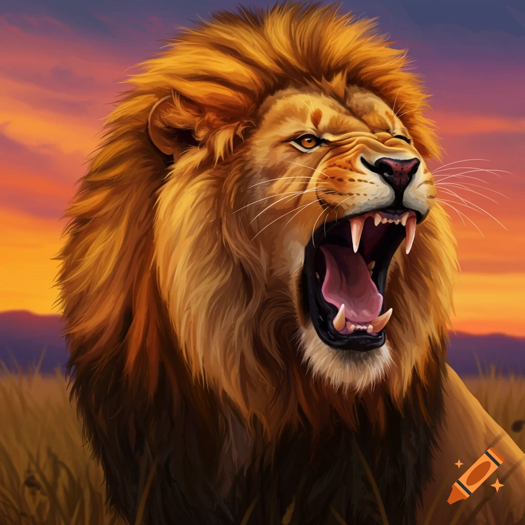 Close-up illustration of a roaring lion against a sunset backdrop