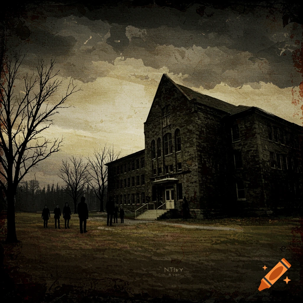 Eerie art of an old building with silhouetted figures and bare trees under a stormy sky