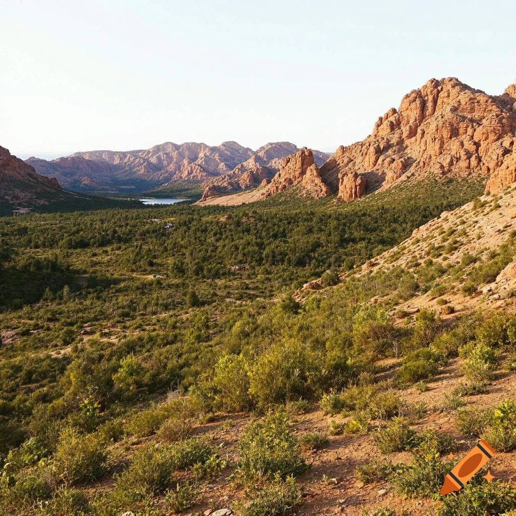 A wide view of a green valley surrounded by red mountains with a lake in the distance.
