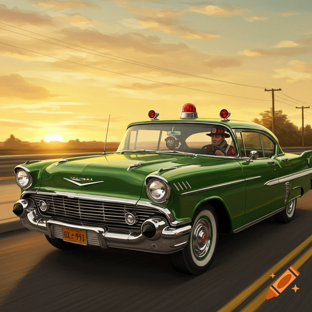Green 1950s Chevy Impala with a firefighter driving on a road at sunset.