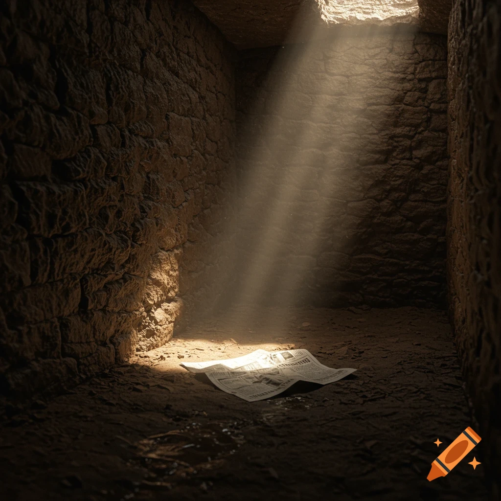 A ray of sunlight shines into a dim, stone cell, illuminating a newspaper on the dirt floor.