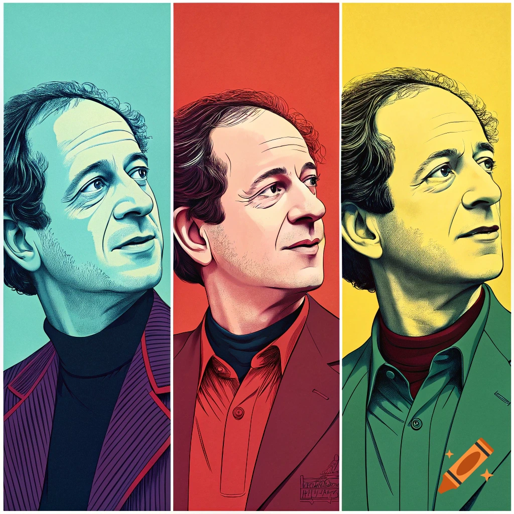 Three side-by-side pop art portraits of a man in purple, red, and green jackets against different colored backgrounds.