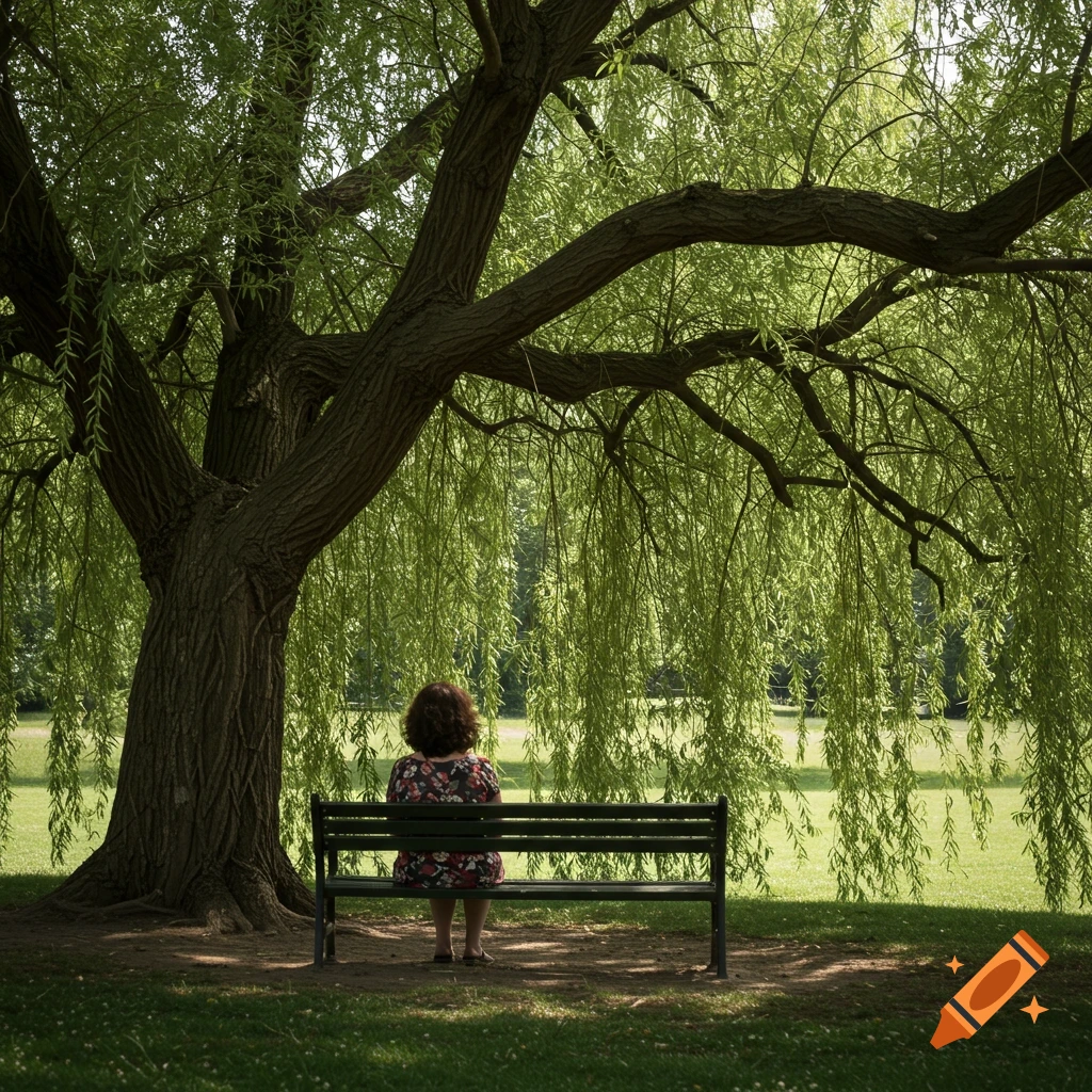 Woman sits on a bench under a large willow tree in a park.