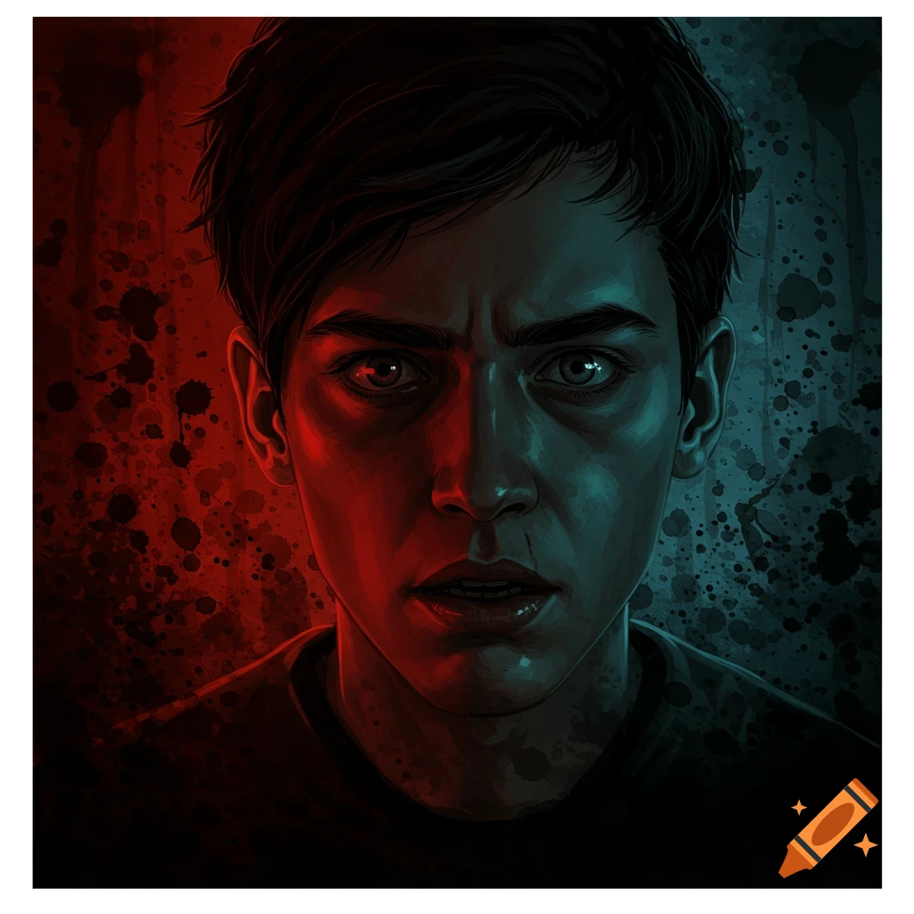 Illustrative portrait of a man's face lit with red on one side and blue on the other, with blood splatters.