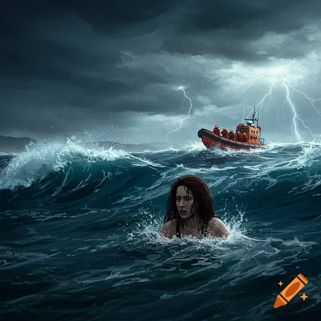Illustrative scene of a woman struggling in stormy ocean waves near a rescue boat during a lightning storm.