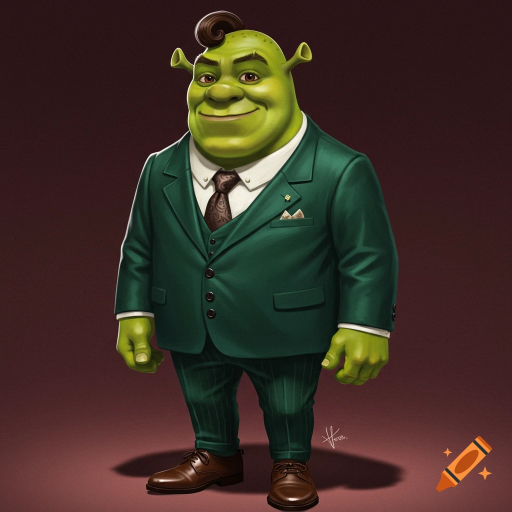 Shrek in a green suit and tie, smiling