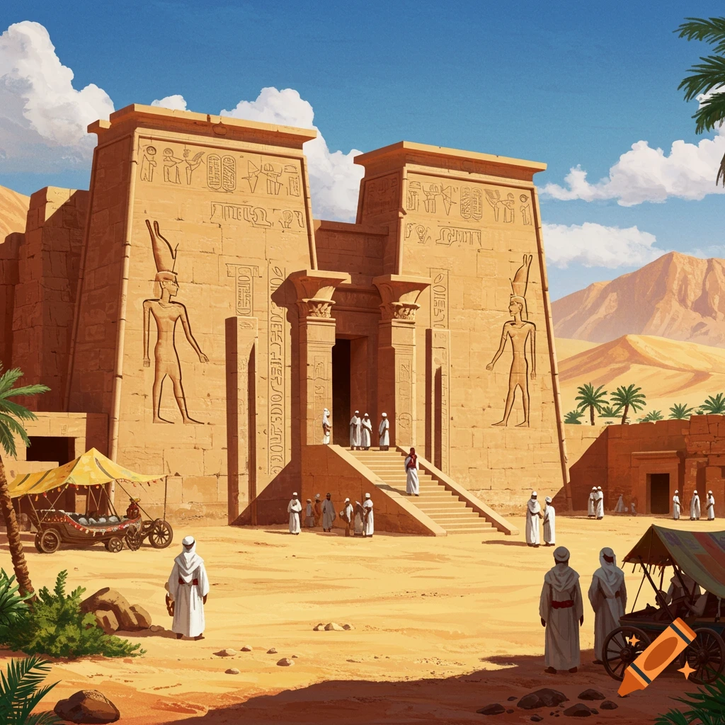 Ancient Egyptian temple scene with people in the desert, stylized historical illustration.