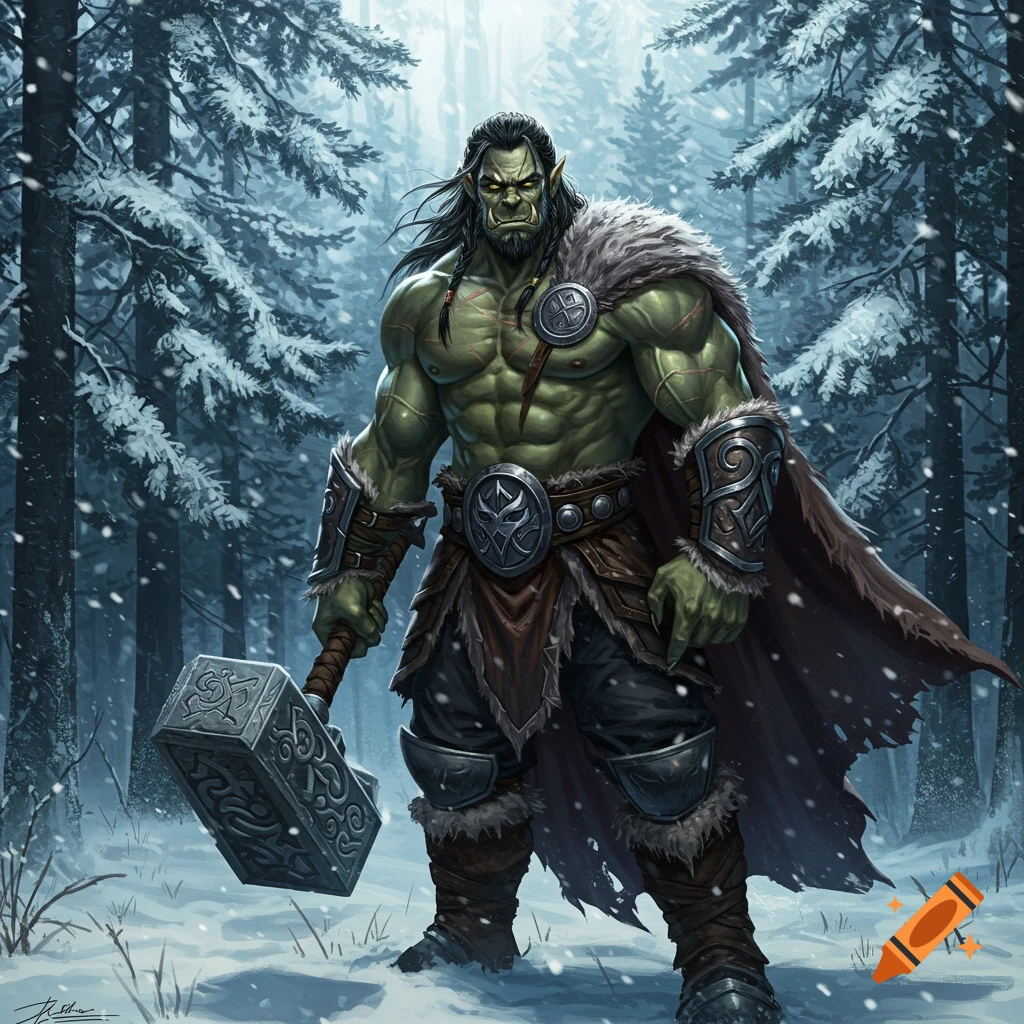 Muscular orc stands in a snowy forest, holding a large hammer.