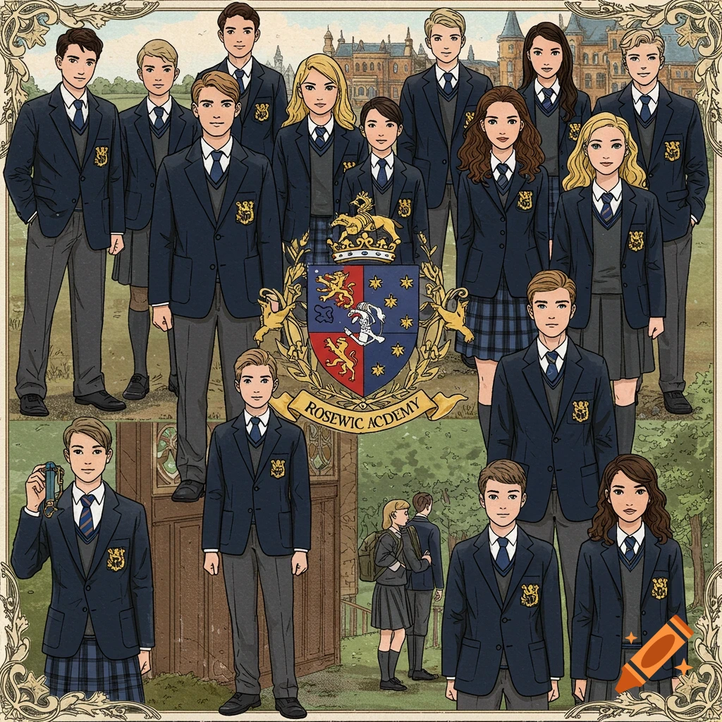 Illustration of students in navy school uniforms with a crest.