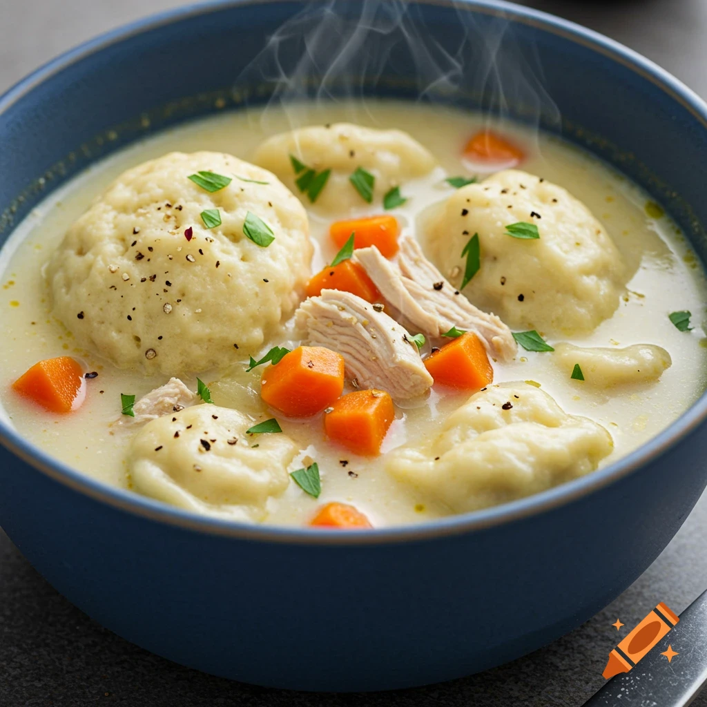 Chicken and dumplings soup in a blue ceramic bowl