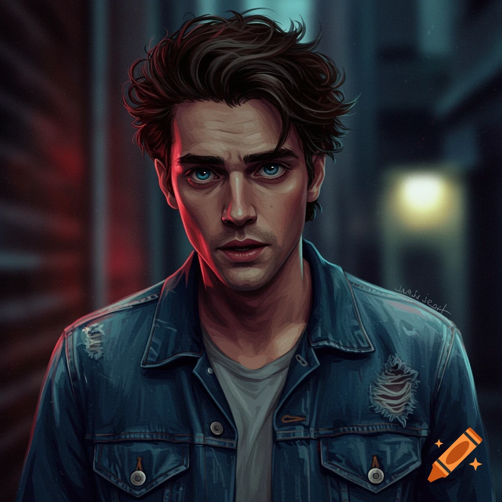 Illustrative portrait of an intense young man with blue eyes in a denim jacket, in a dark alley setting with dramatic lighting.