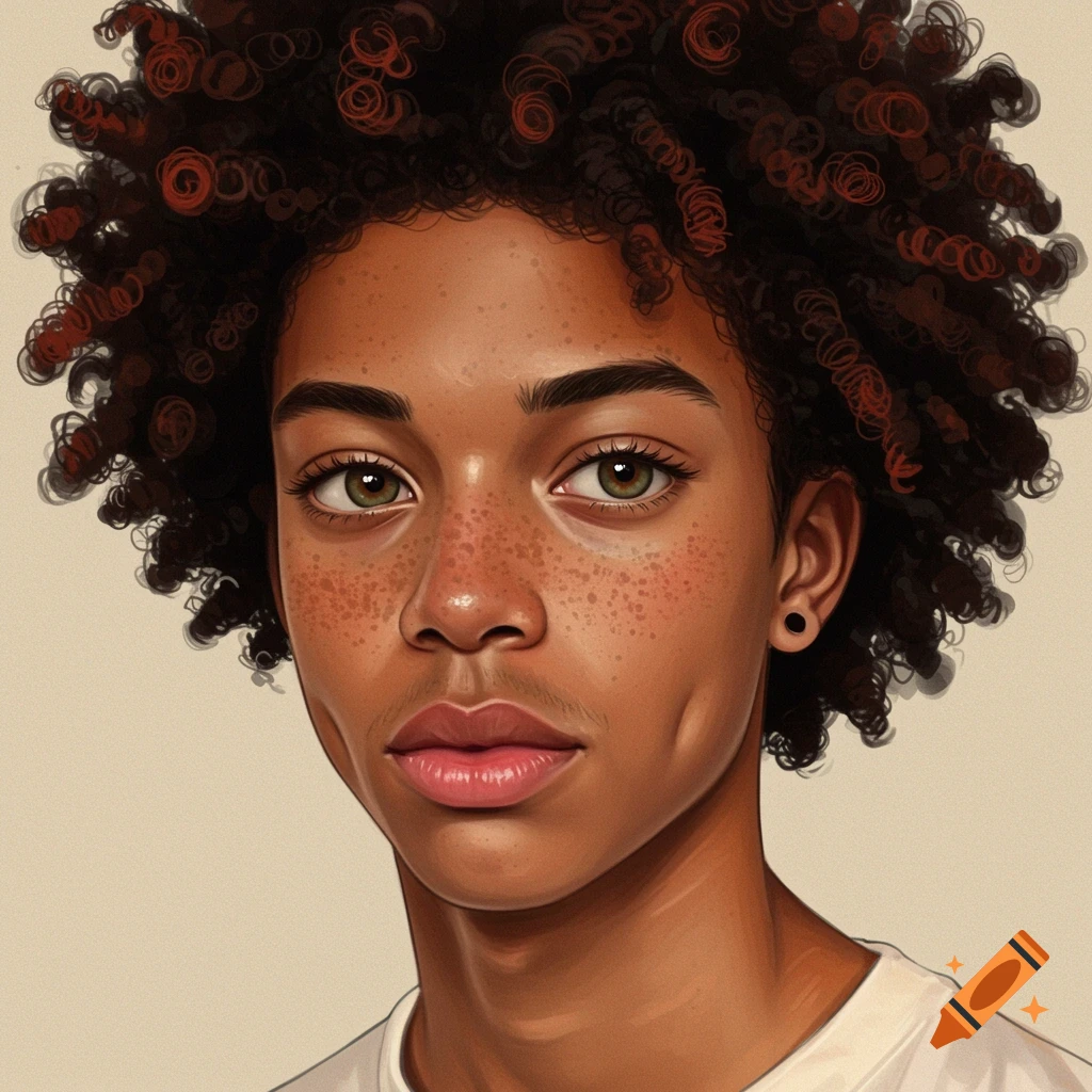 Close-up illustration of a young person with curly hair, freckles, dimples, and hazel eyes.